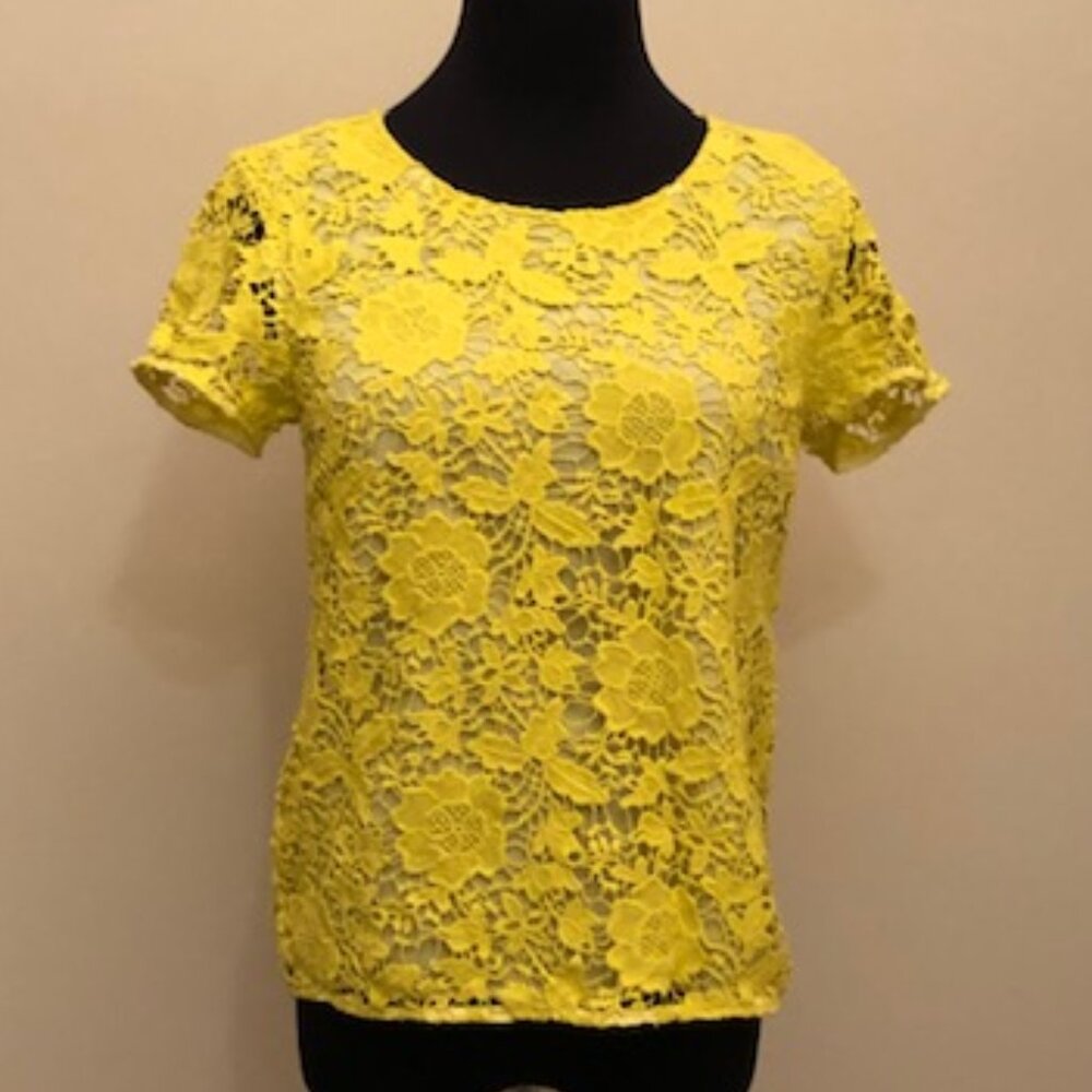 Madewell Meadowlace Yellow Lace Short Sleeve Crew Neck Top Tee Shirt Size XS